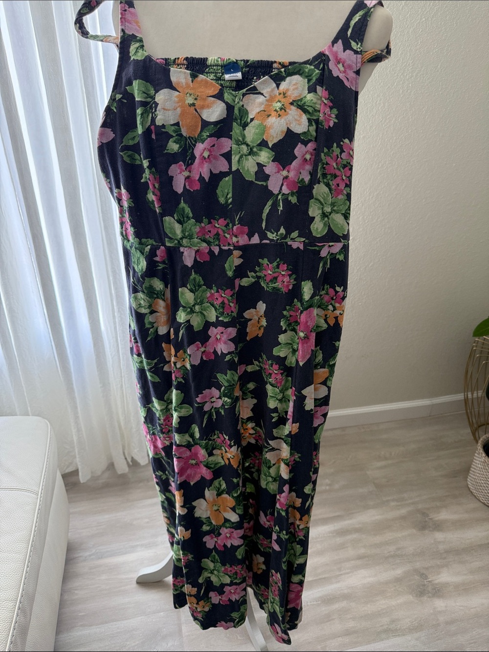 Old Navy Black Floral Maxi Jumpsuit with Pink & Green Blooms